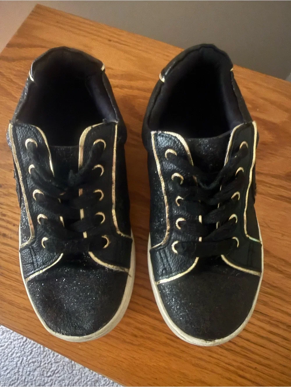 Michael Kors Black Glitter Lace-Up Sneakers with Gold Trim